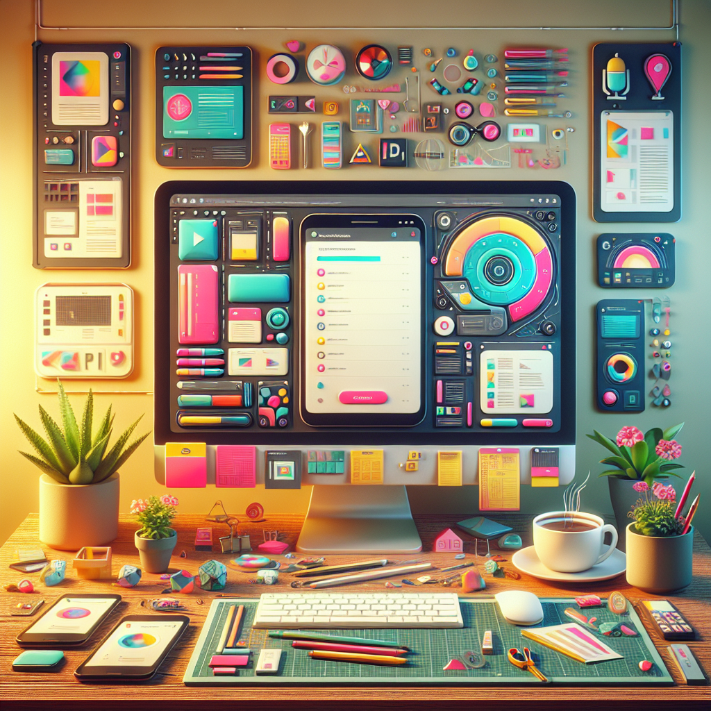 Realistic image of an Android app design workspace with a computer, PSD files, and design tools.