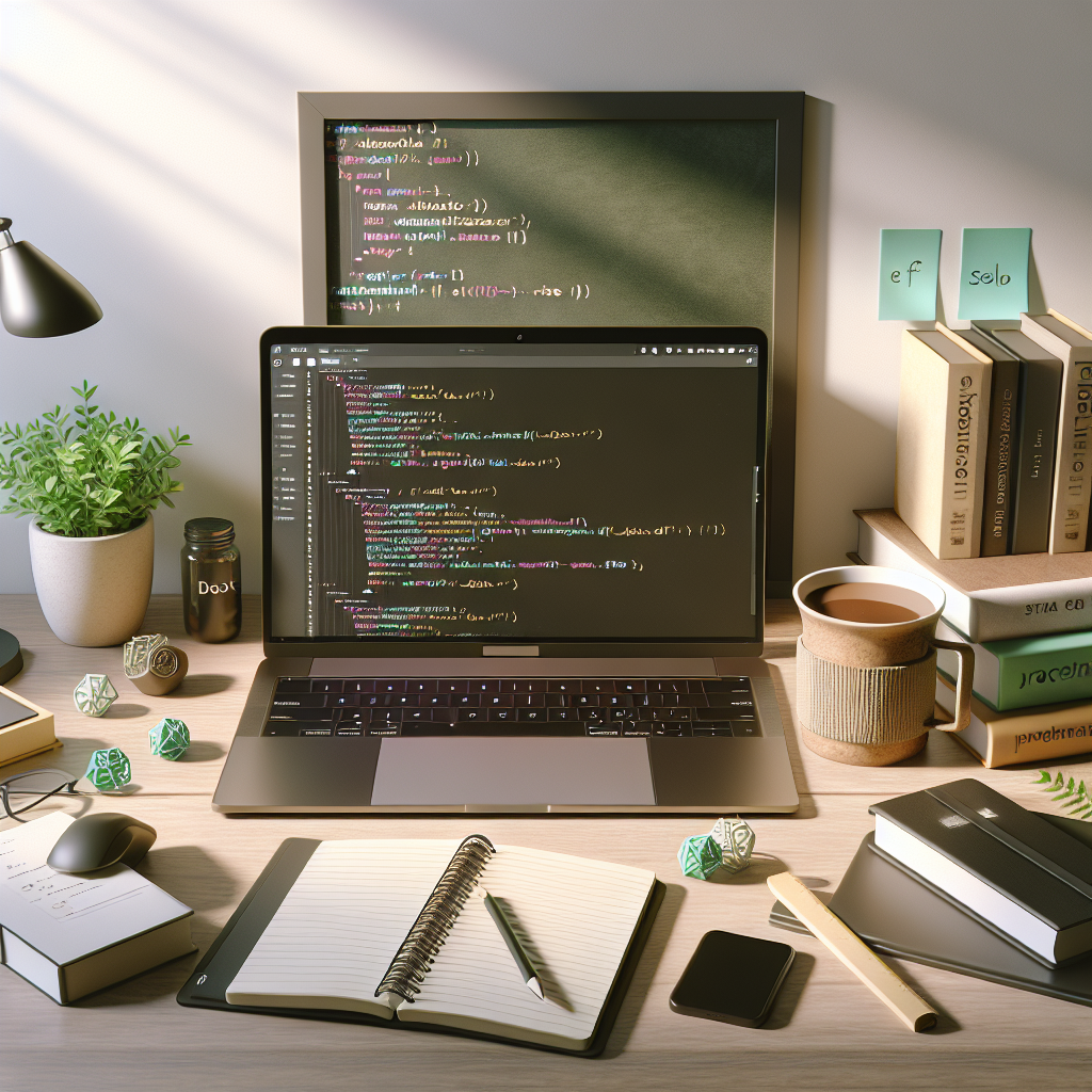 Modern app development workspace with a laptop showing JavaScript code, surrounded by books, plant, and coffee cup.