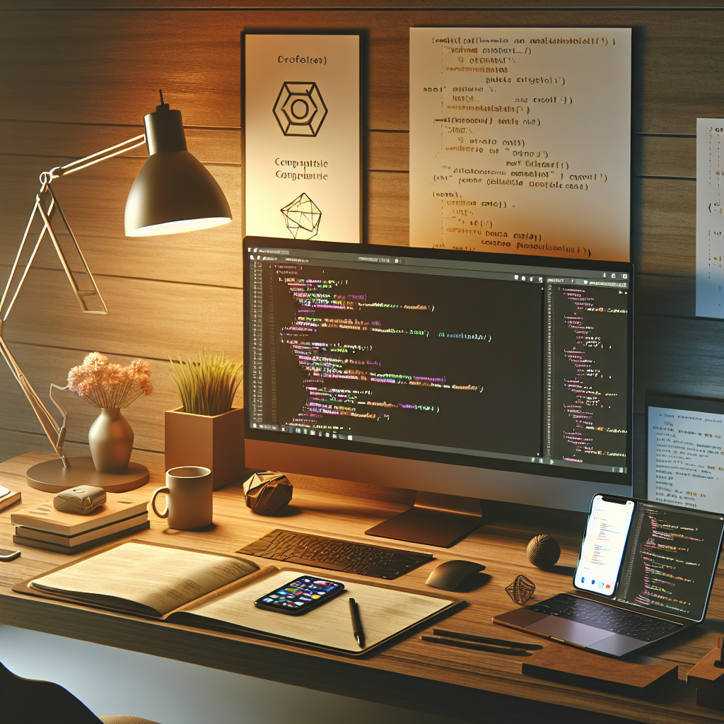 A realistic developer's workspace for mobile app development using JavaScript.