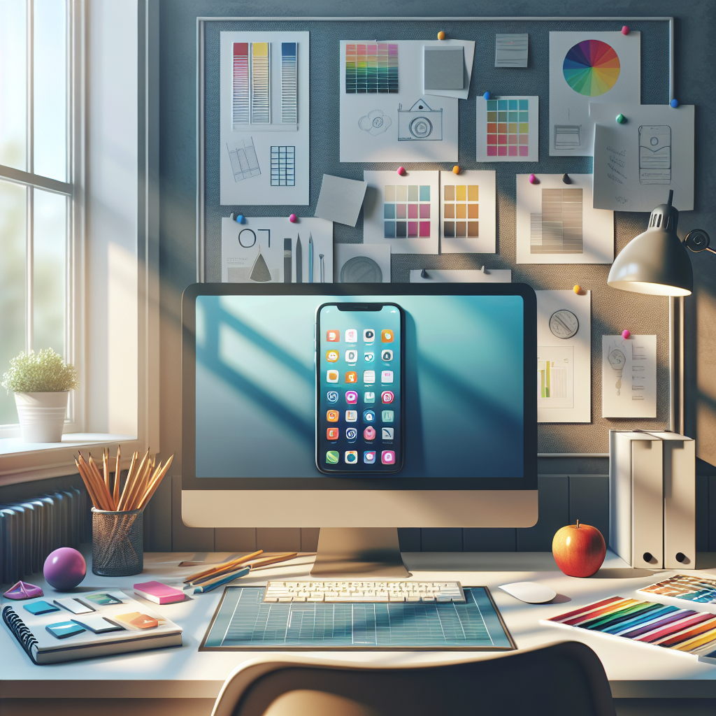 A realistic illustration of a modern app design workspace with a computer and design tools.