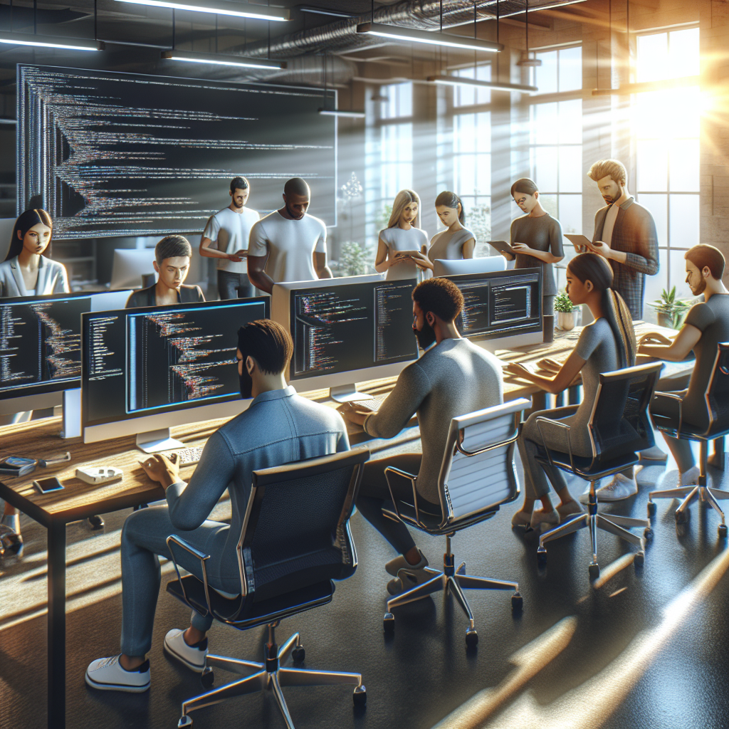 Diverse group of mobile app developers working in a modern office.