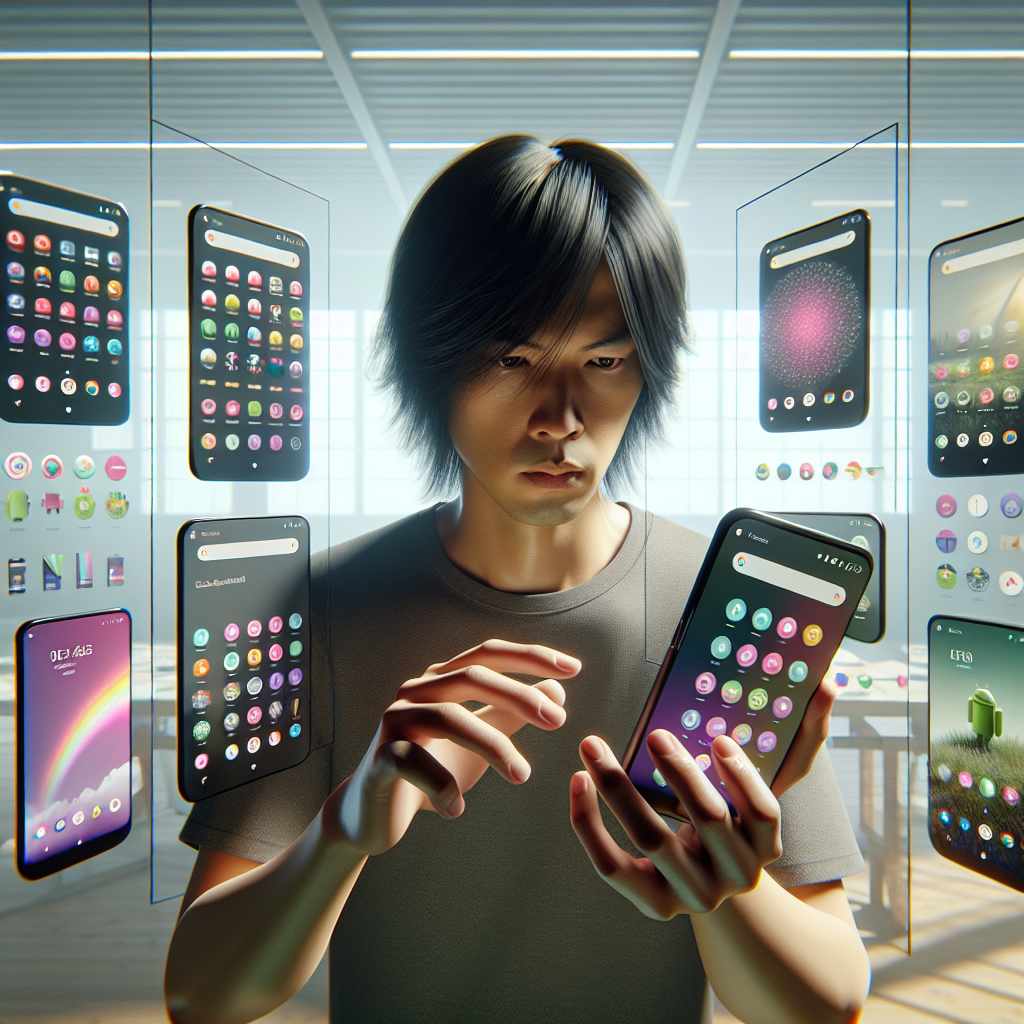 A person customizing an Android smartphone with diverse screen themes.