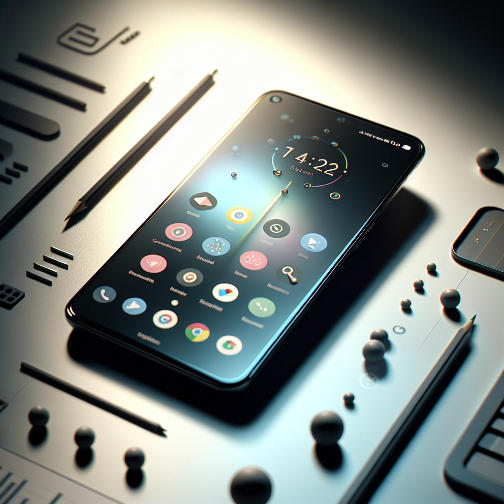 A realistic image of a customized iPhone on a desk with unique app icons and widgets.