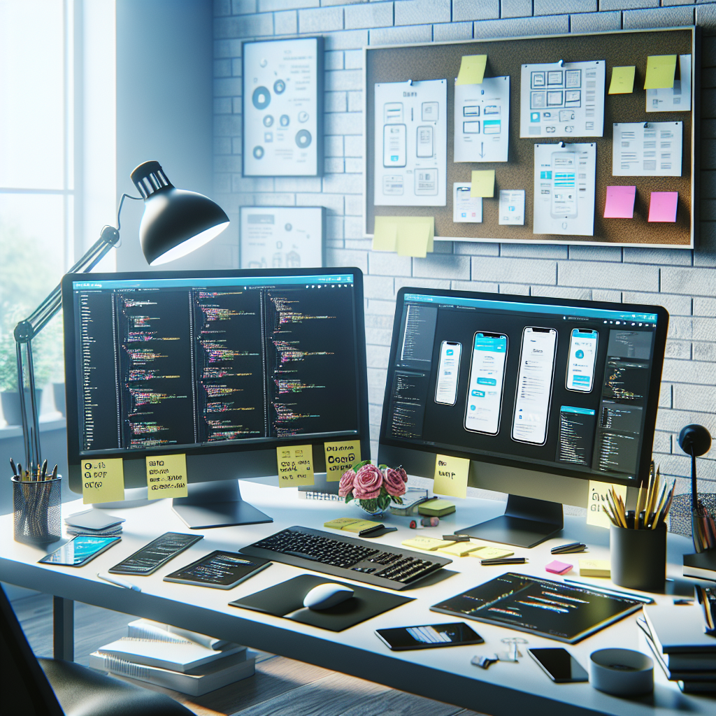 A realistic image of a mobile app development workspace with computers displaying code and design.