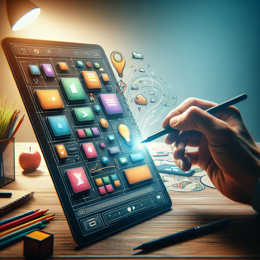 A realistic depiction of a touchscreen tablet with a drag and drop app interface in a modern office setting.