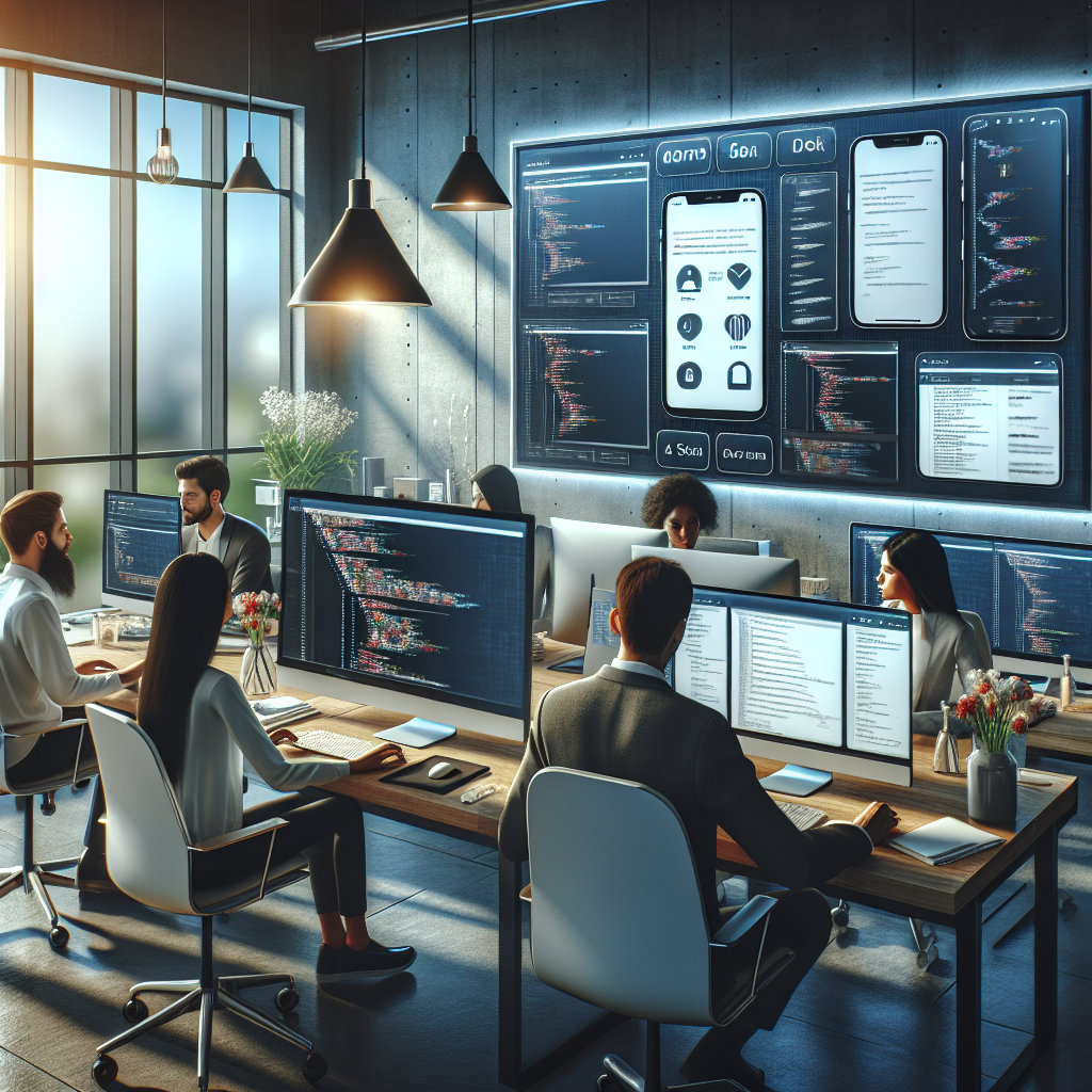 A team of developers working on mobile app development in a modern workspace, with multiple devices and code onscreen.