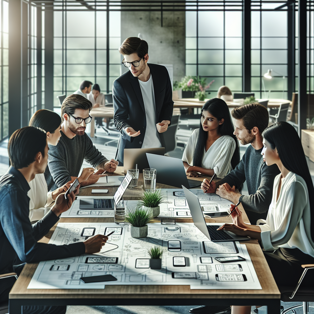 A mobile app development team working in a modern office setting.