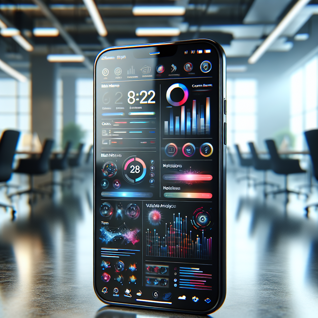 A sleek smartphone displaying a custom mobile app interface in a modern office environment.