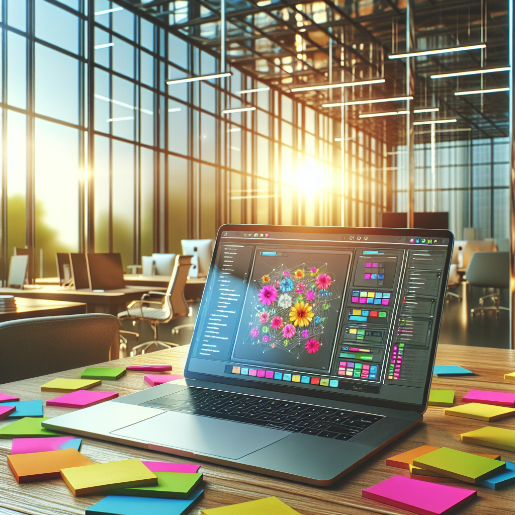 A modern office desk with a laptop displaying app design, surrounded by colorful sticky notes and natural light from large windows.