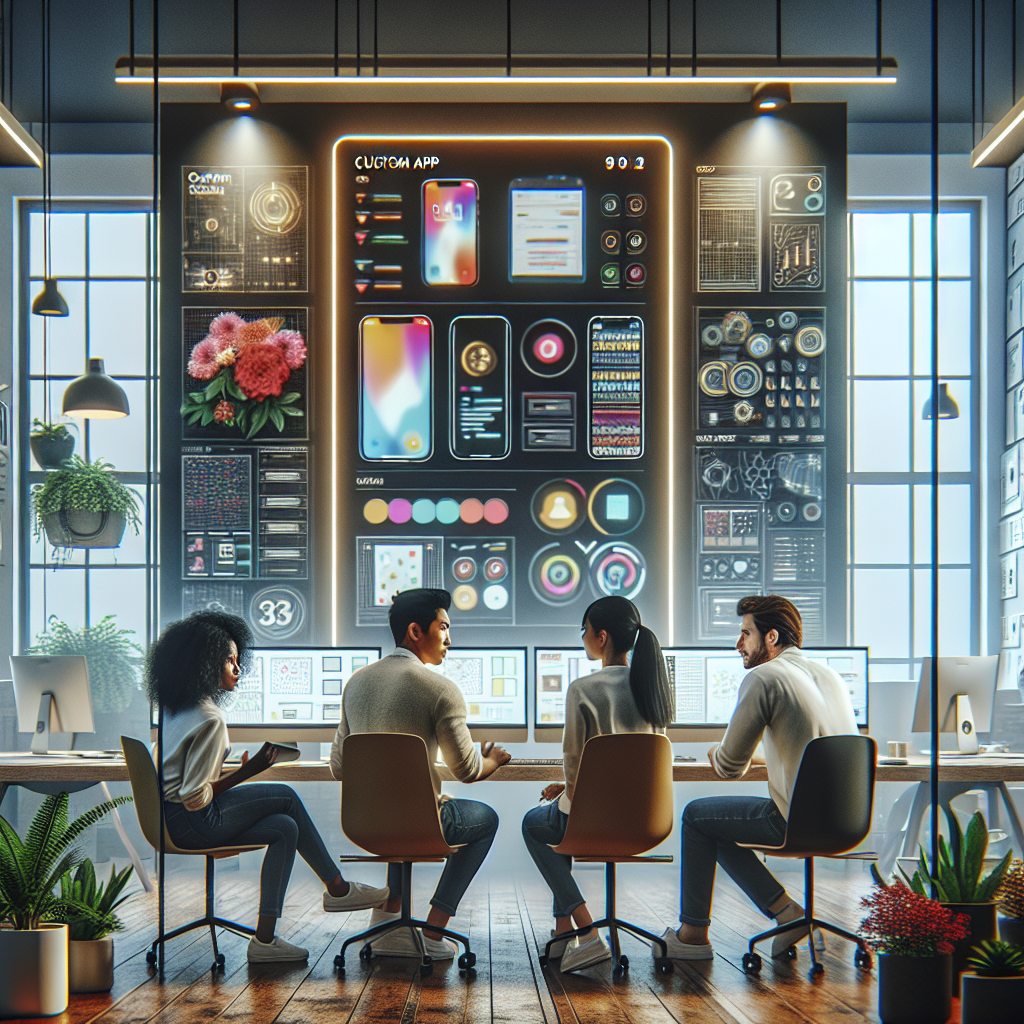 A modern office scene depicting a diverse group of developers working on custom mobile app designs.