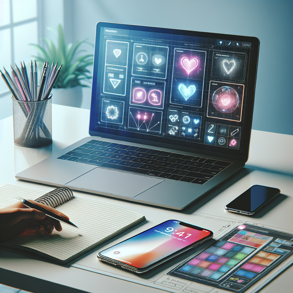 A mobile app development workspace with a laptop, notepad, and smartphone.