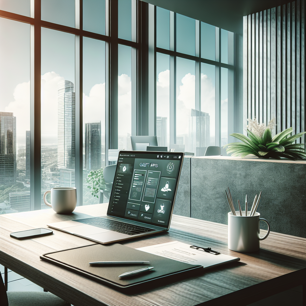 A modern office space highlighting custom app development with a laptop and city skyline view.