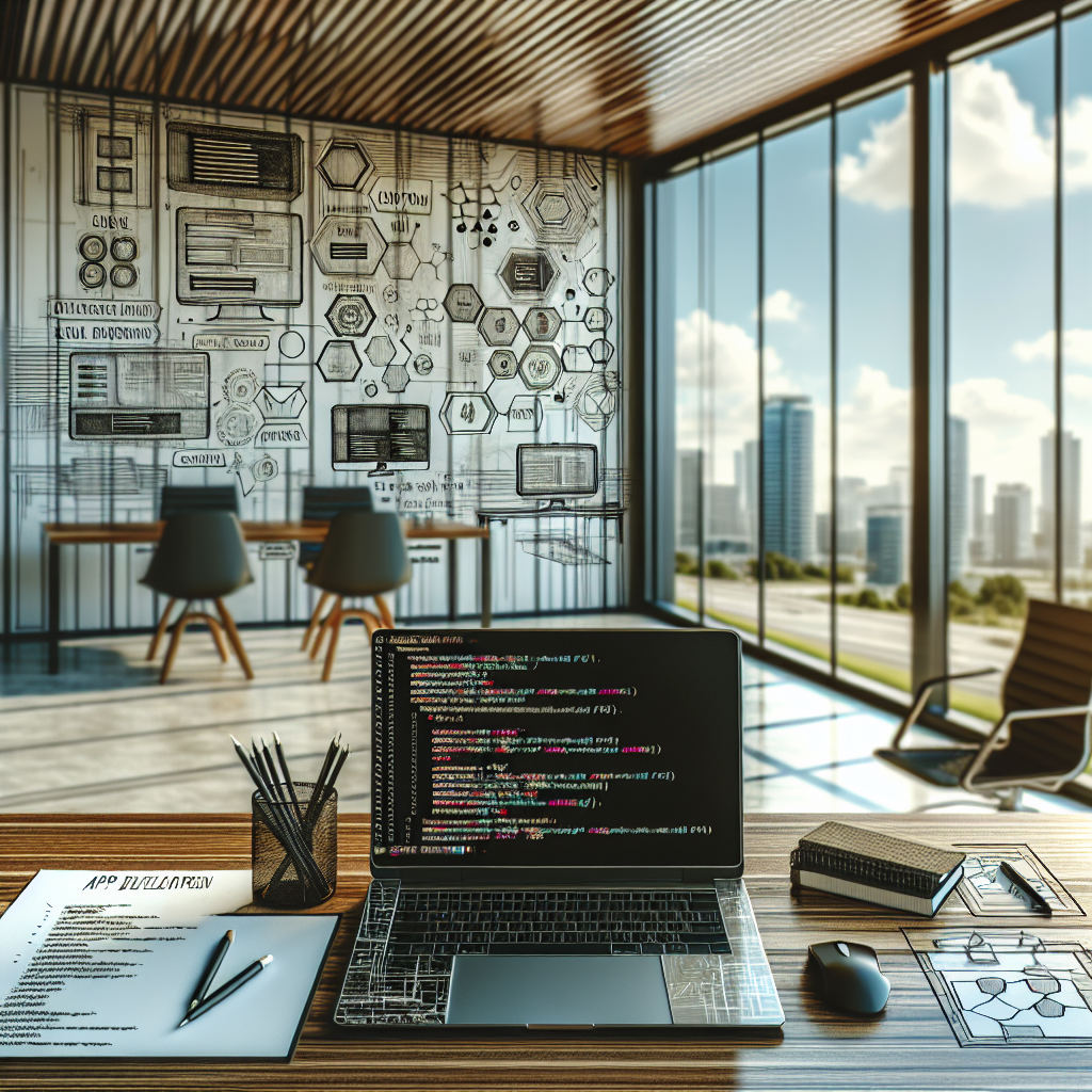 A modern workspace for custom app development with a laptop, sketches, and a city skyline view.