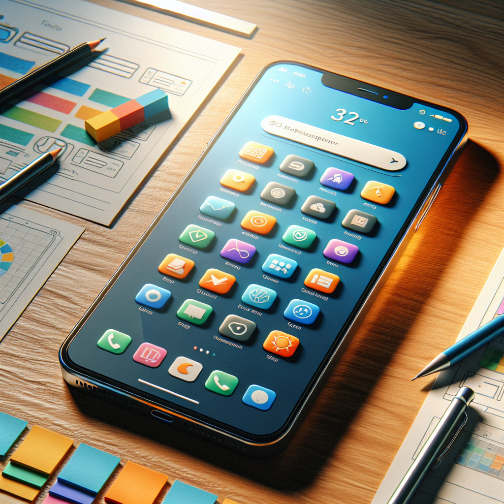 A smartphone on a wooden desk displaying a modern app interface surrounded by design elements.