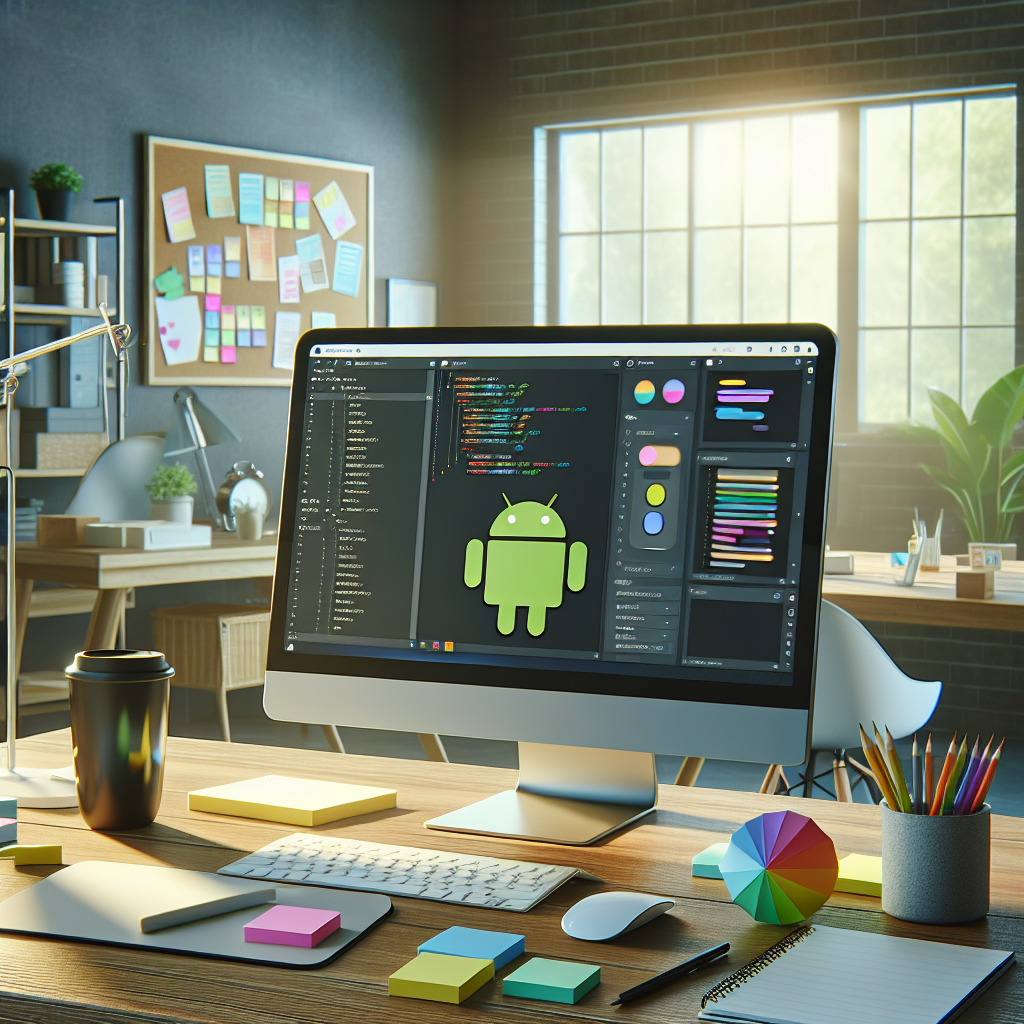 A modern workspace for Android app development with a computer, notepad, and coffee mug.