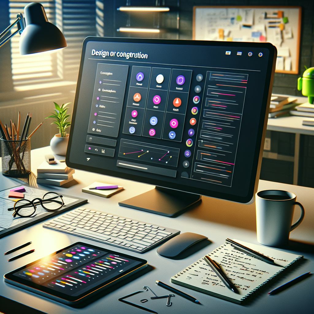 A modern digital workspace for Android app design featuring a computer monitor, tablet, and design tools.