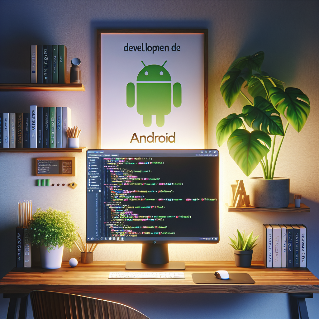 A modern Android development workspace featuring a computer with Android Studio open.