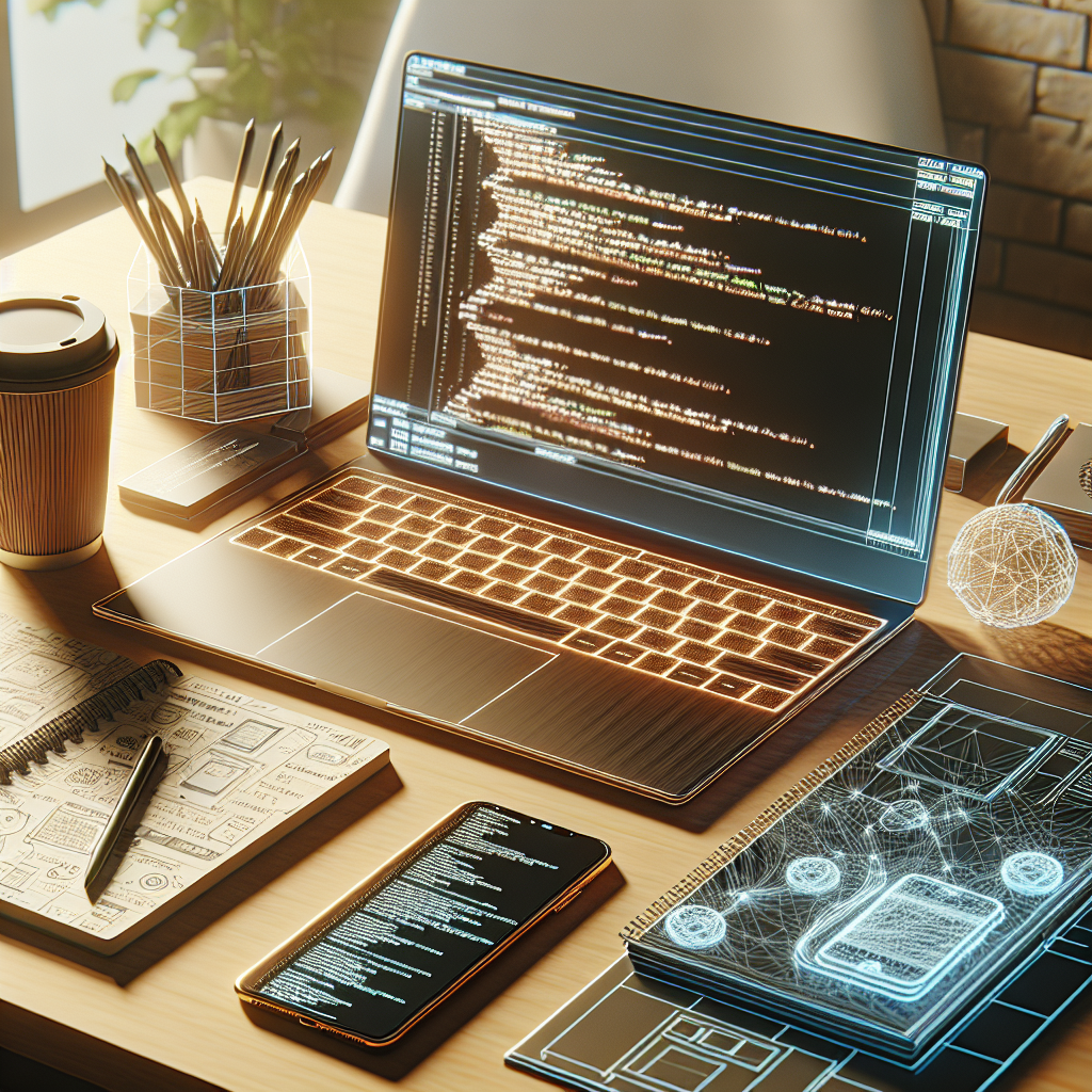 A digital workspace illustrating app development with a laptop, smartphone, notepad, and coffee cup.