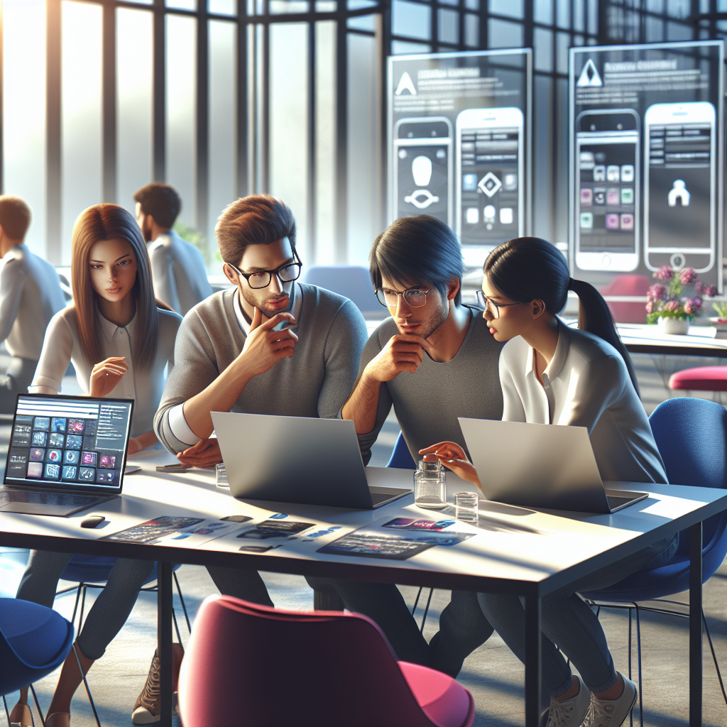 A diverse group of students engaging in a mobile development class, discussing around laptops in a modern classroom.