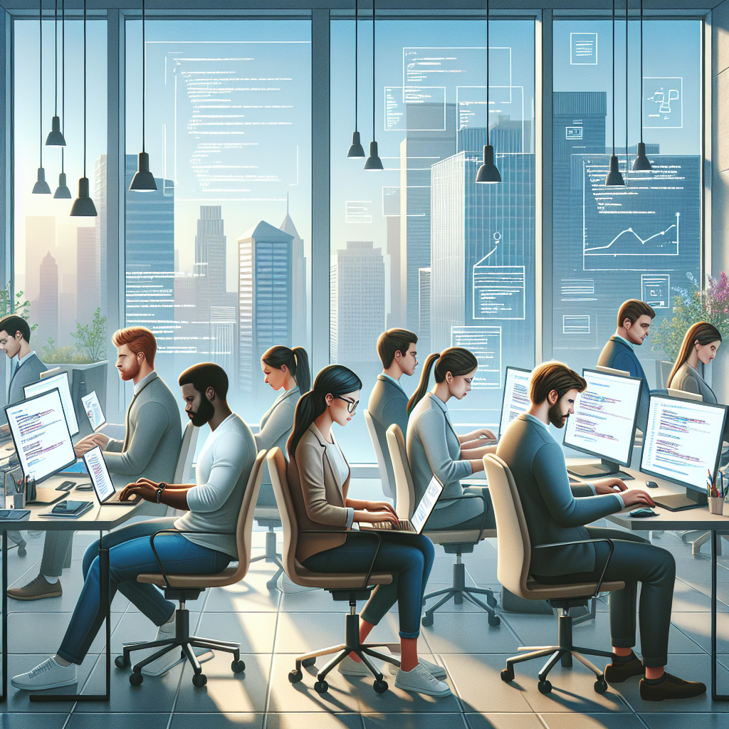 A diverse team of developers collaborating at a modern office, focused on their laptops with a cityscape view.