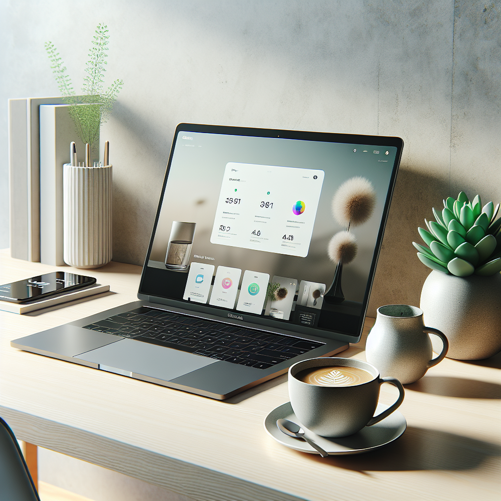 A modern workspace with a laptop, smartphone, and cup of coffee.