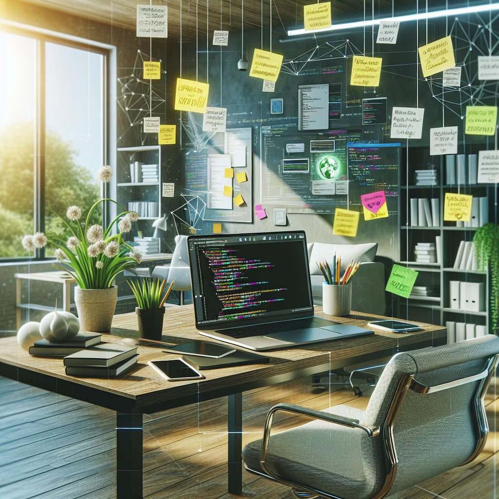 A digital workspace showcasing app development with a laptop, sticky notes, and books.