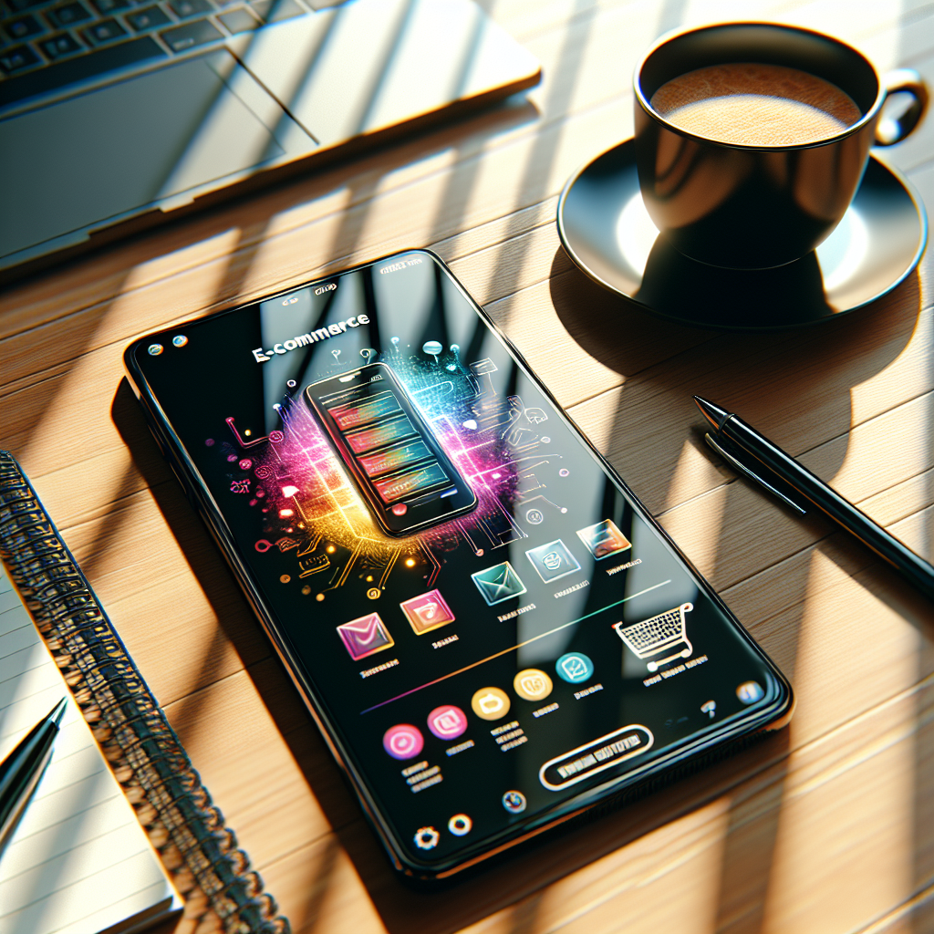 A smartphone displaying an e-commerce app interface on a wooden table.