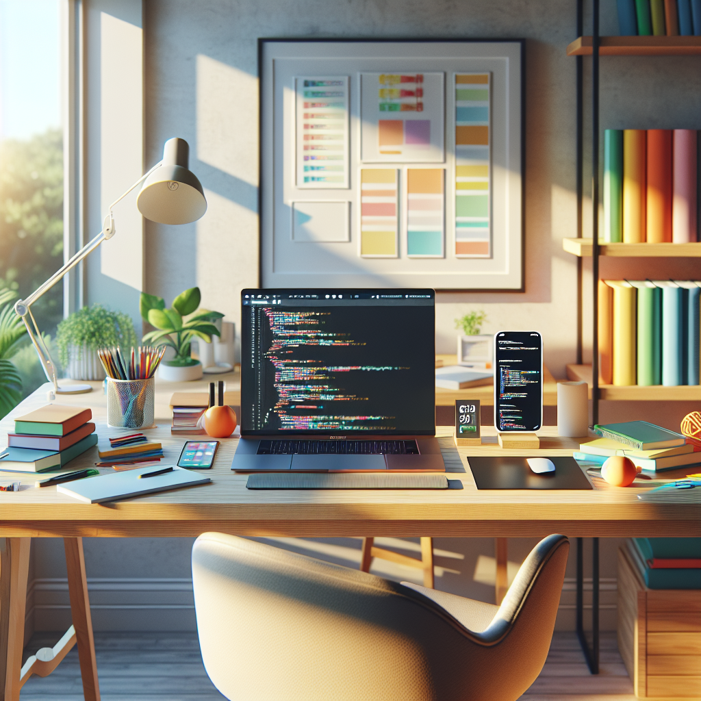 A vibrant workspace for mobile app development with a laptop, smartphone prototype, and colorful resources.