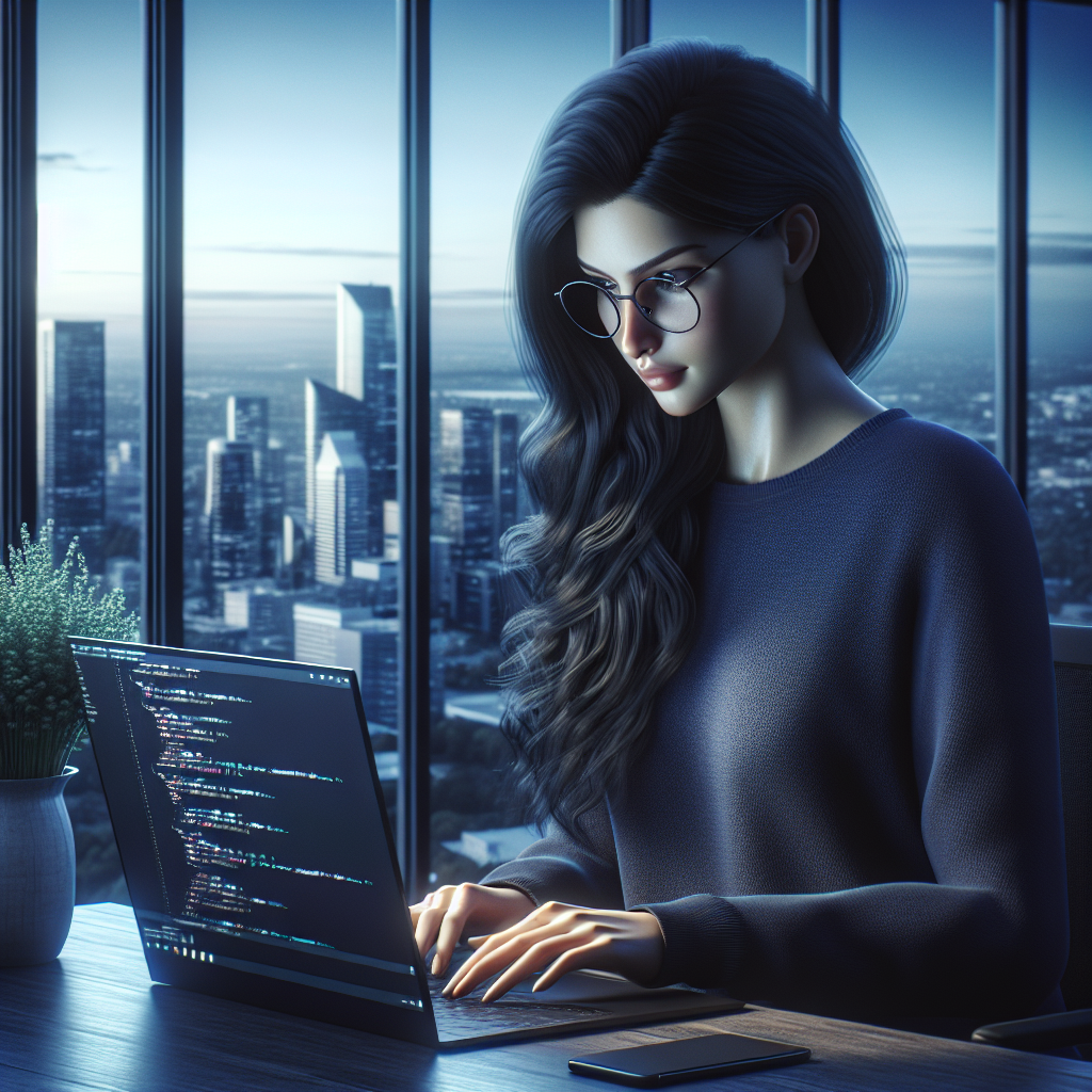 A young woman C# developer working in a modern office.