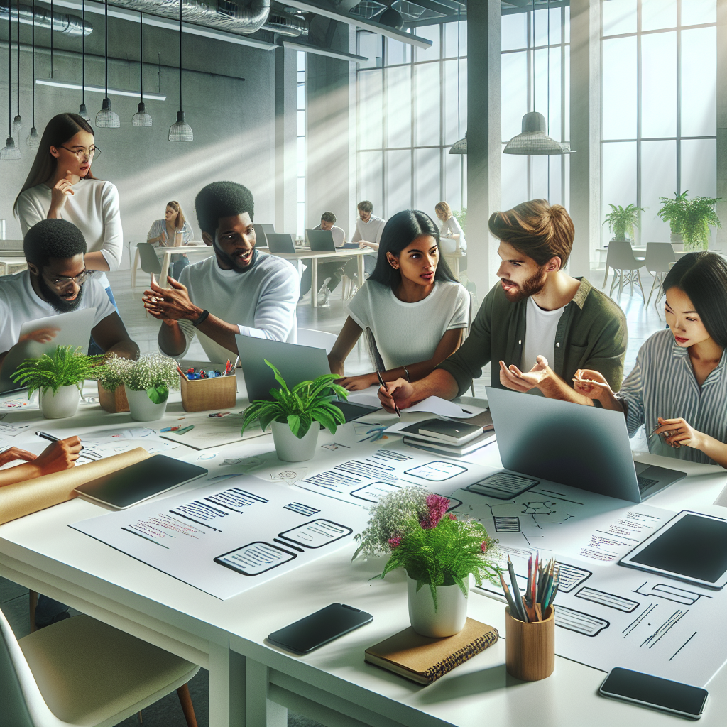 A diverse group of app developers collaborating in a modern office.