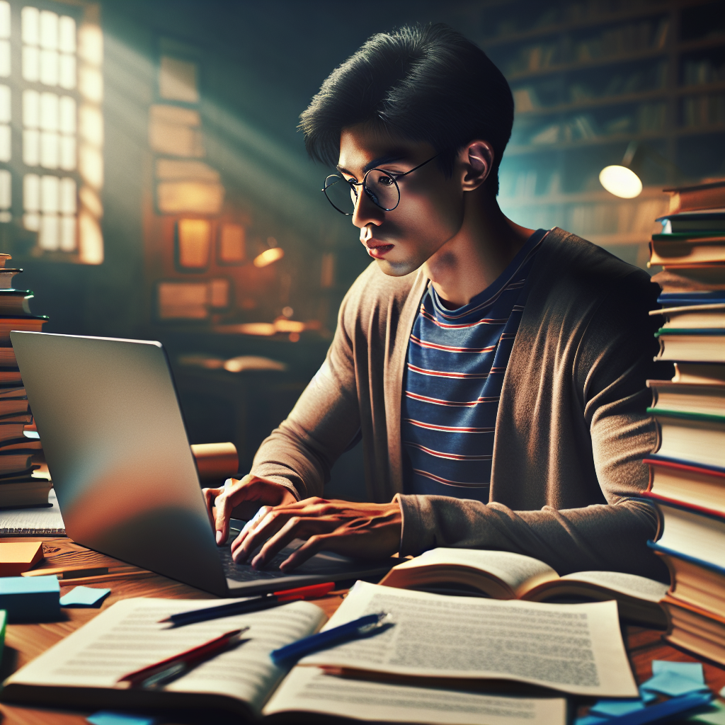 A student focused on studying at a desk filled with textbooks and notes, with a laptop displaying a syllabus outline.