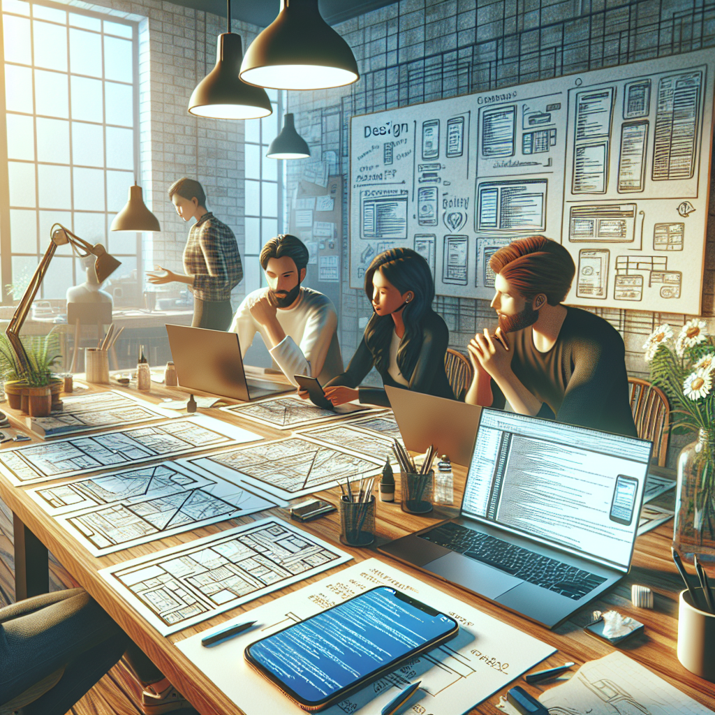 A scene of a diverse team collaborating on app development, with design tools and a laptop on a wooden desk.