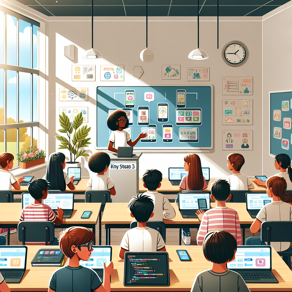 A classroom scene with diverse students learning mobile development concepts.