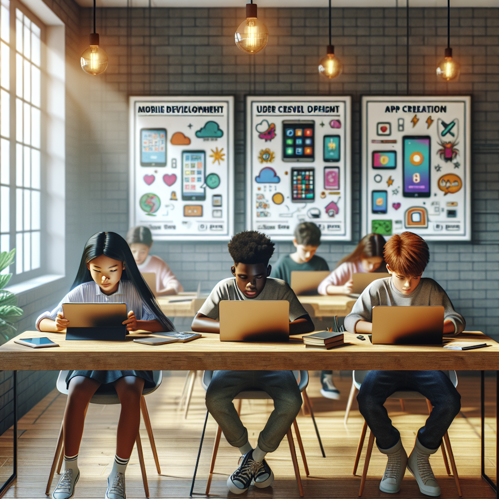 A classroom with diverse students learning mobile development concepts using tablets and laptops.