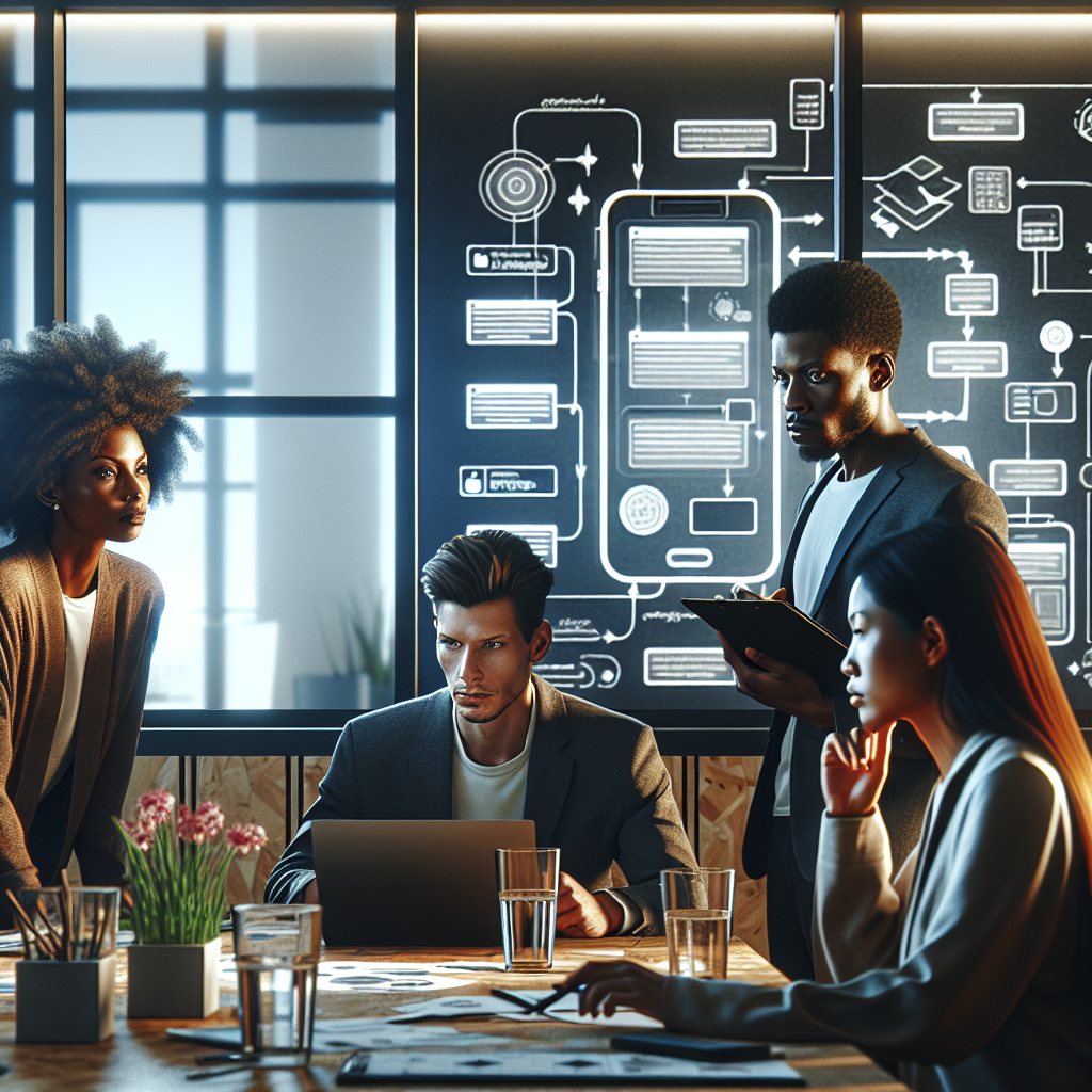 A diverse group of professionals in a modern office discussing e-commerce app development.