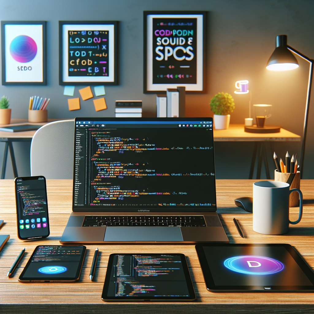 A modern workspace with a laptop and smartphone for mobile app development.