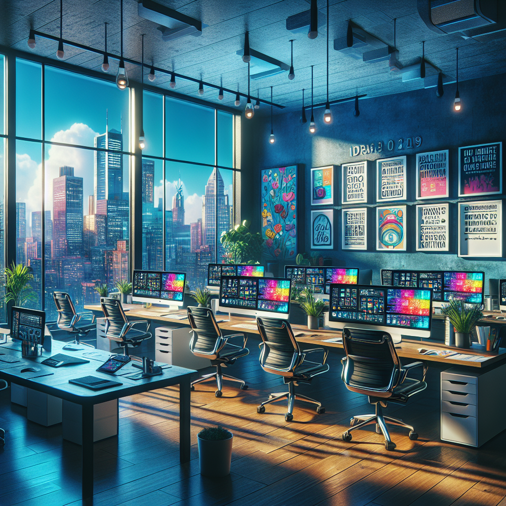 A modern mobile app development office showcasing workstations and a vibrant city view.