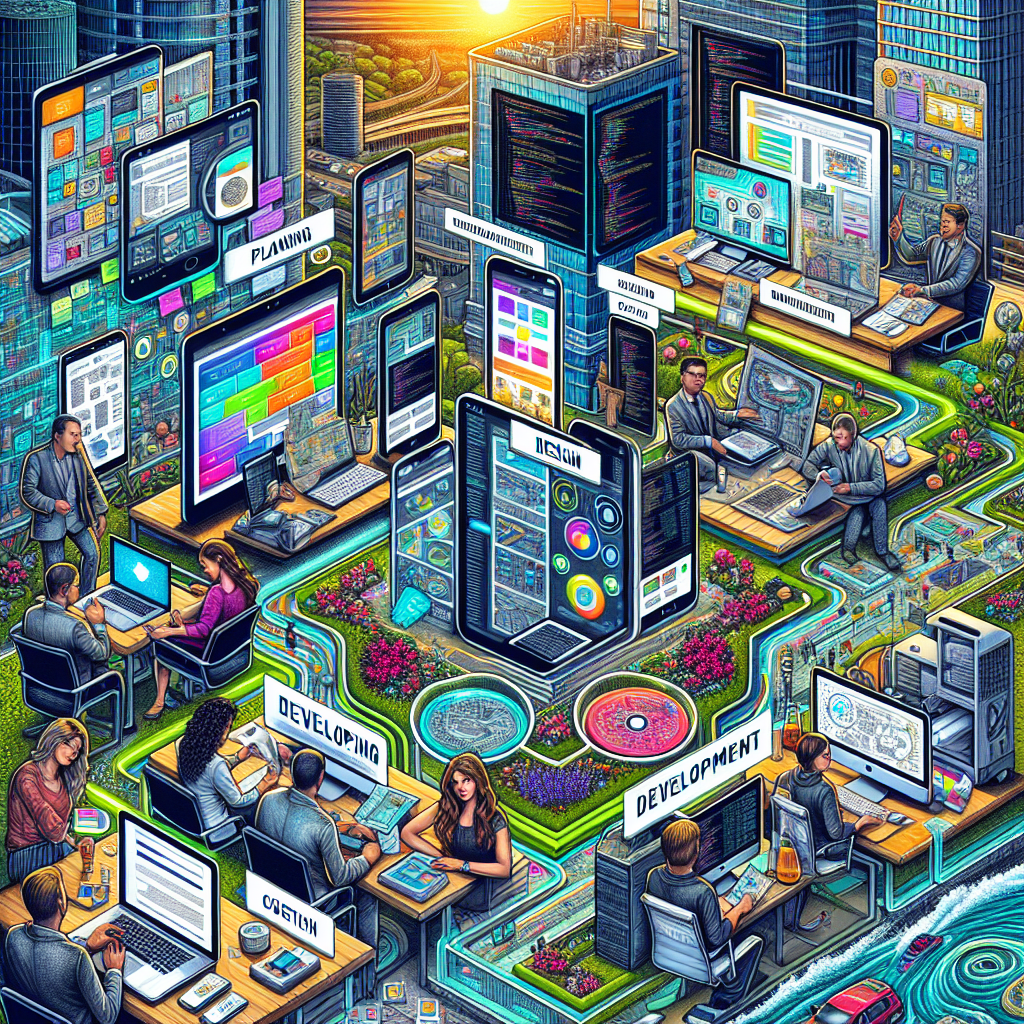 An illustration showing different stages of app development costs in a realistic style.