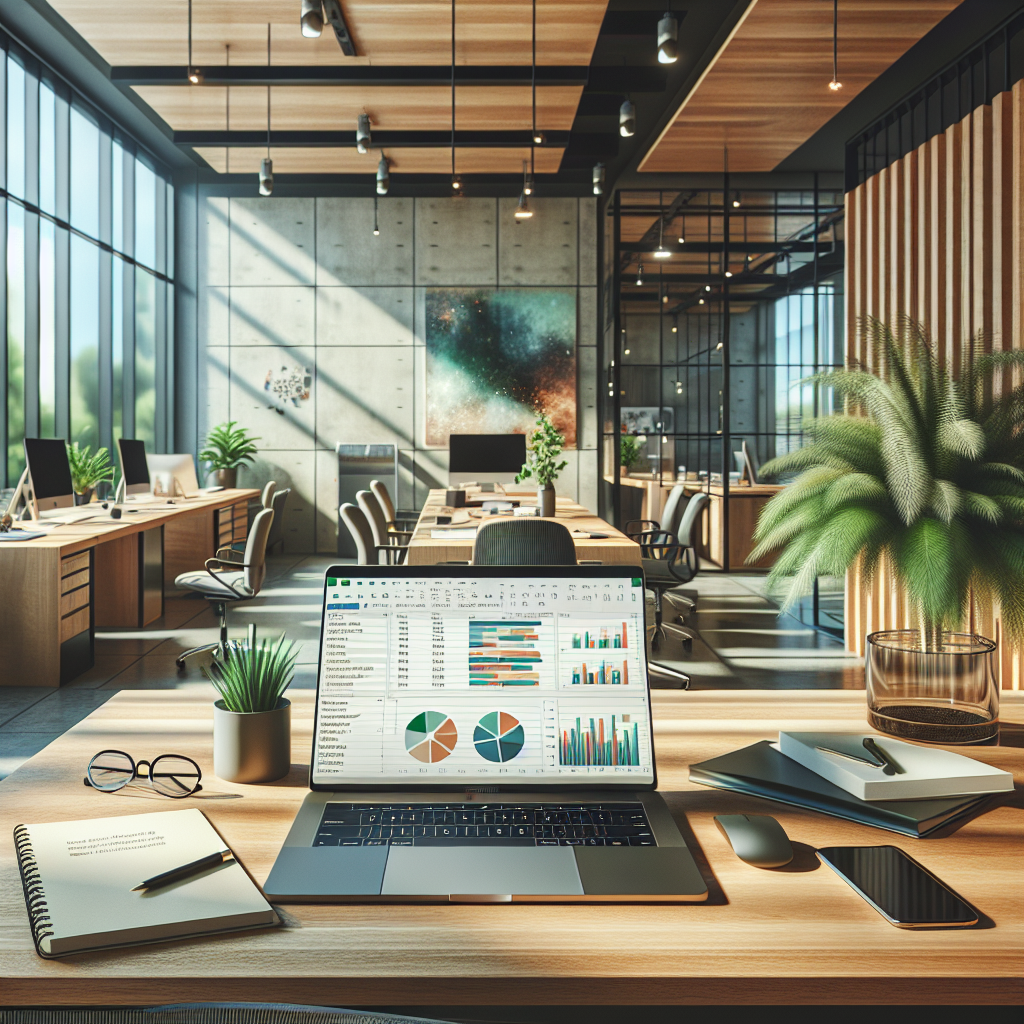 A modern office workspace with a laptop showing an Excel spreadsheet for app development costs.