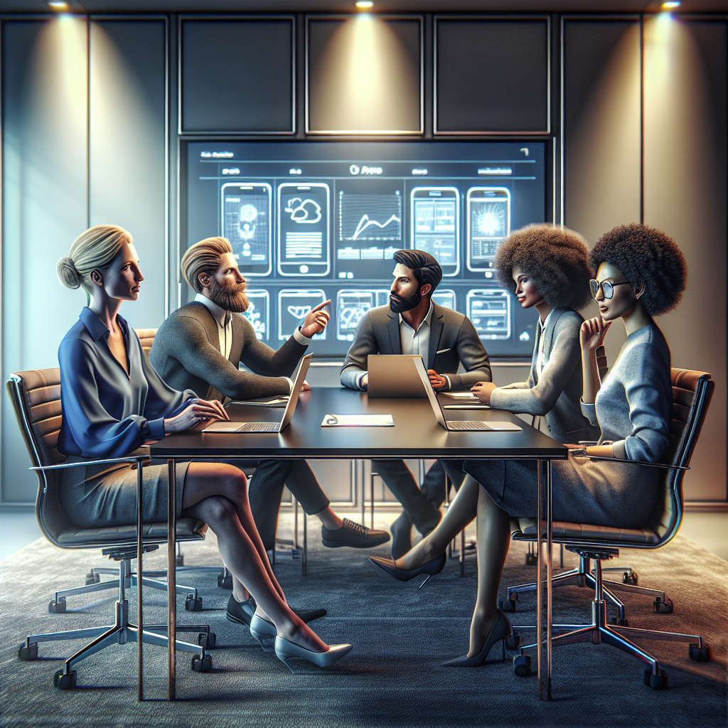 A group of diverse individuals collaborating on app development in a modern conference room.