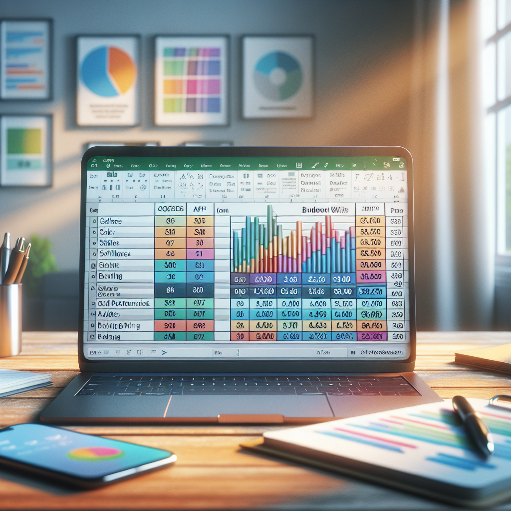 A realistic image of an open Excel spreadsheet on a desk with graphs and data related to app development costs.