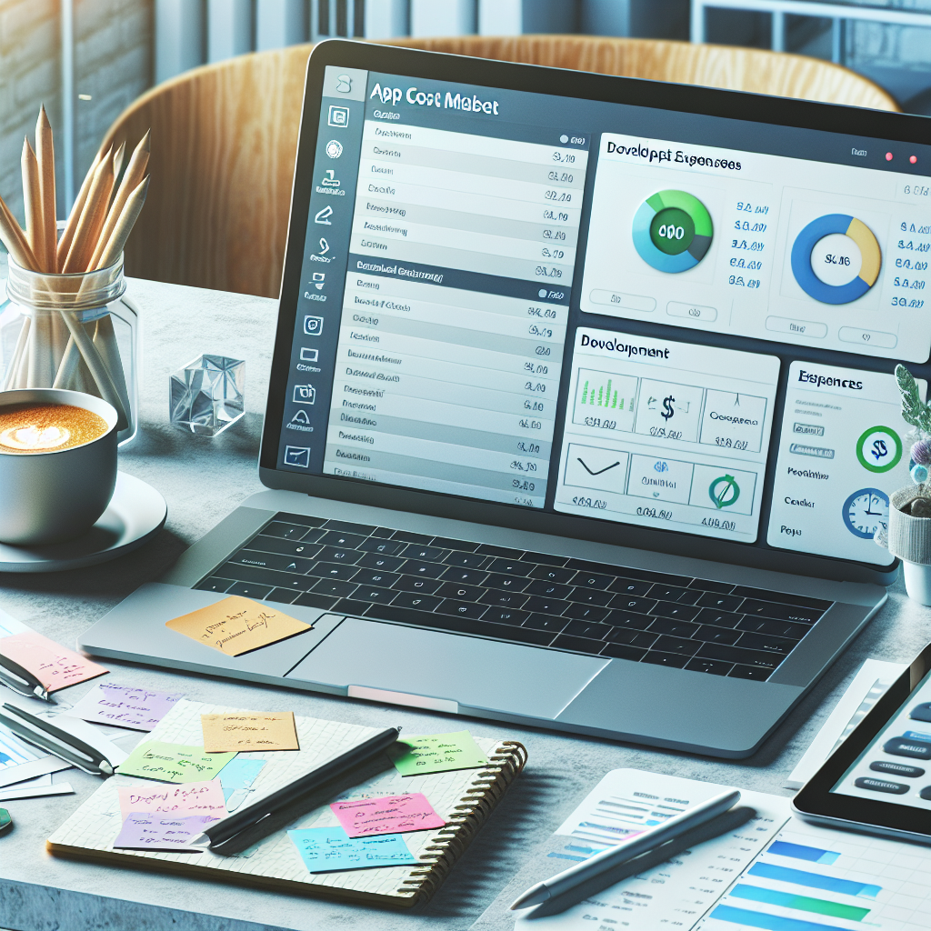 A digital workspace with a laptop, spreadsheets, and office supplies focused on app development cost management.