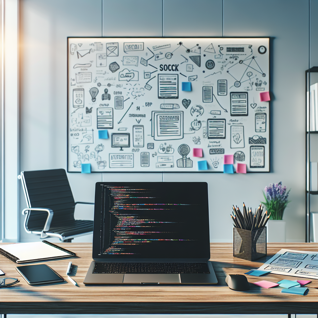 An illustration of a modern workspace for app development, featuring a laptop, paperwork, and a whiteboard.