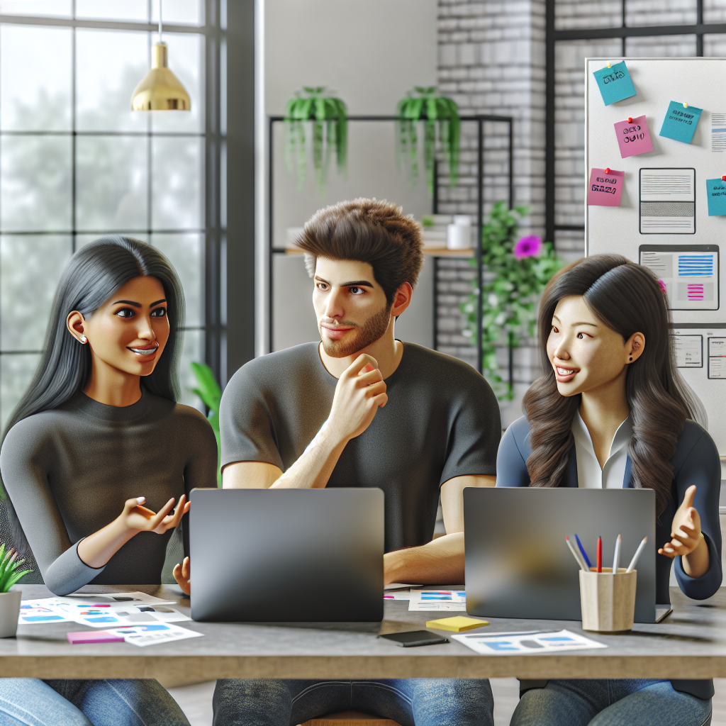 A diverse group of developers brainstorming in a modern workspace.