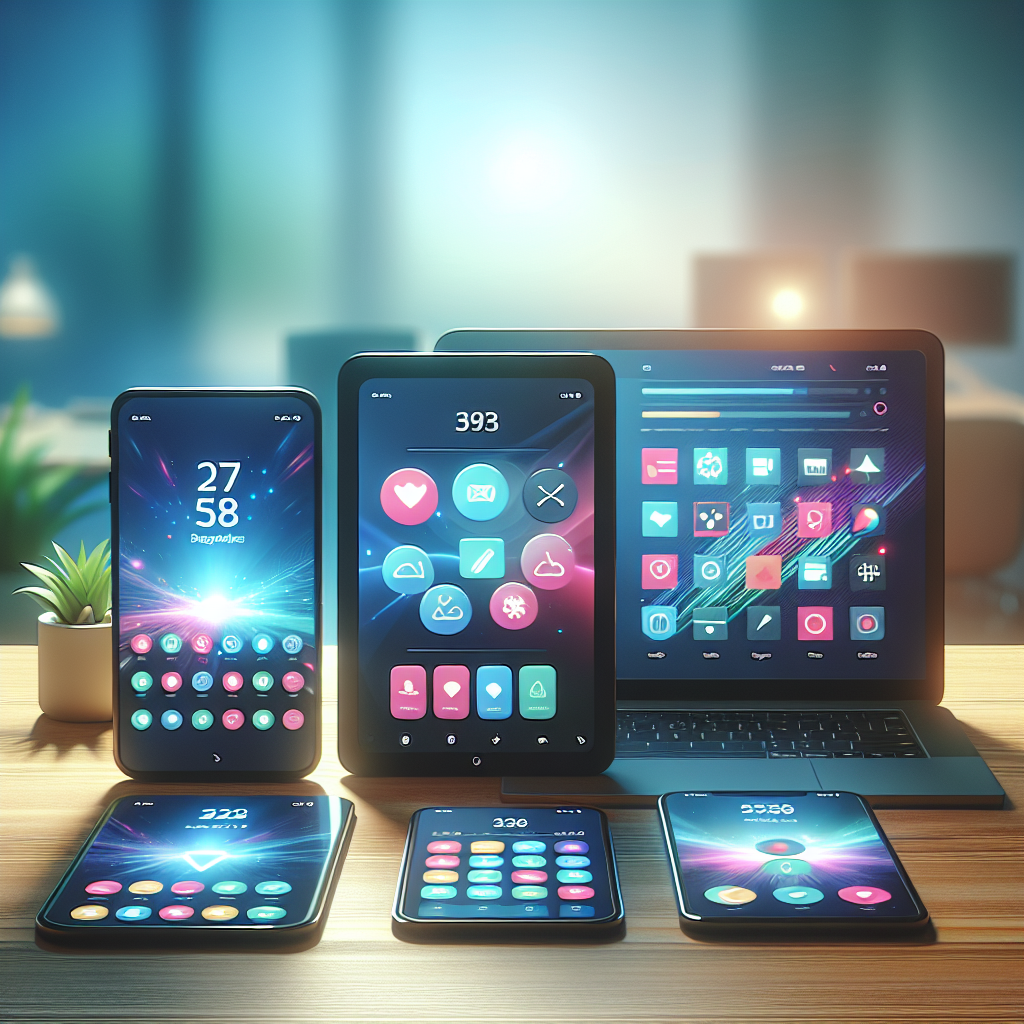 An illustration of mobile app development technologies with three devices displaying native, hybrid, and cross-platform apps.