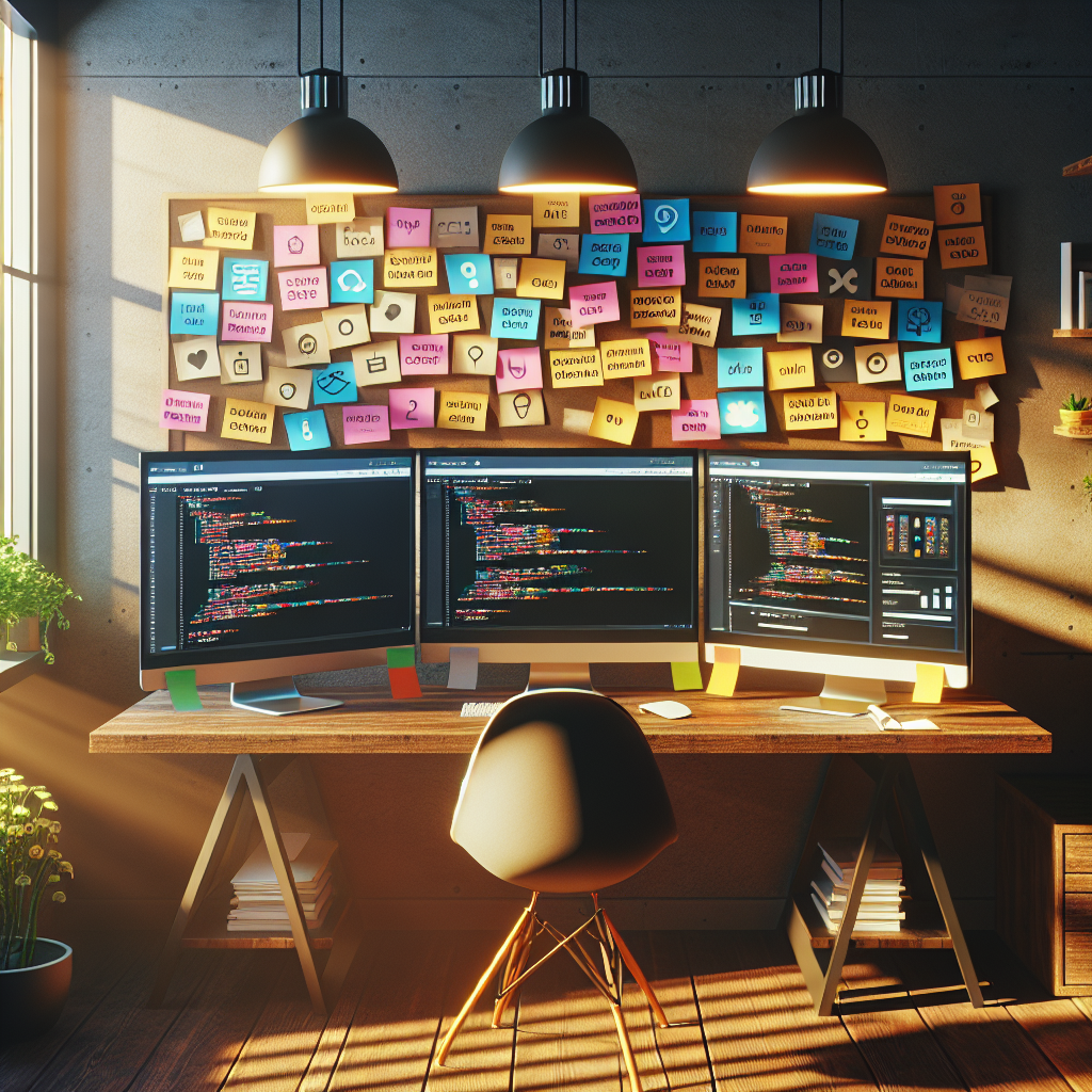 A mobile app development workspace with multiple screens and colorful sticky notes.