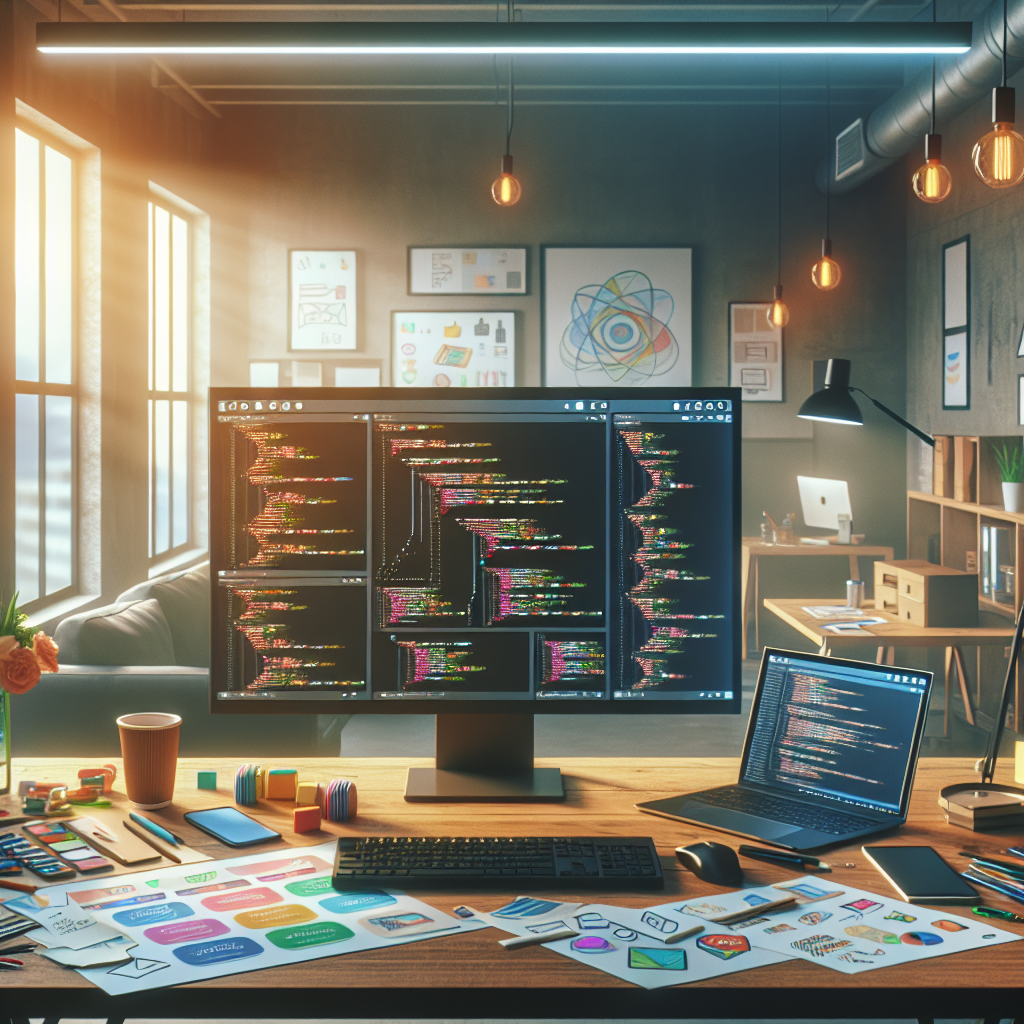 An office workspace showcasing mobile app development with coding software, sketches, and design tools.