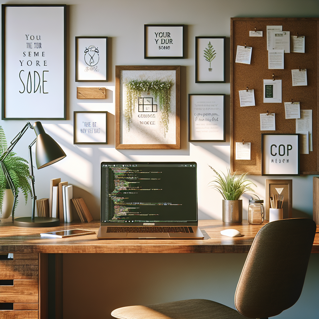 A realistic workspace for app development with motivational quotes and a laptop.