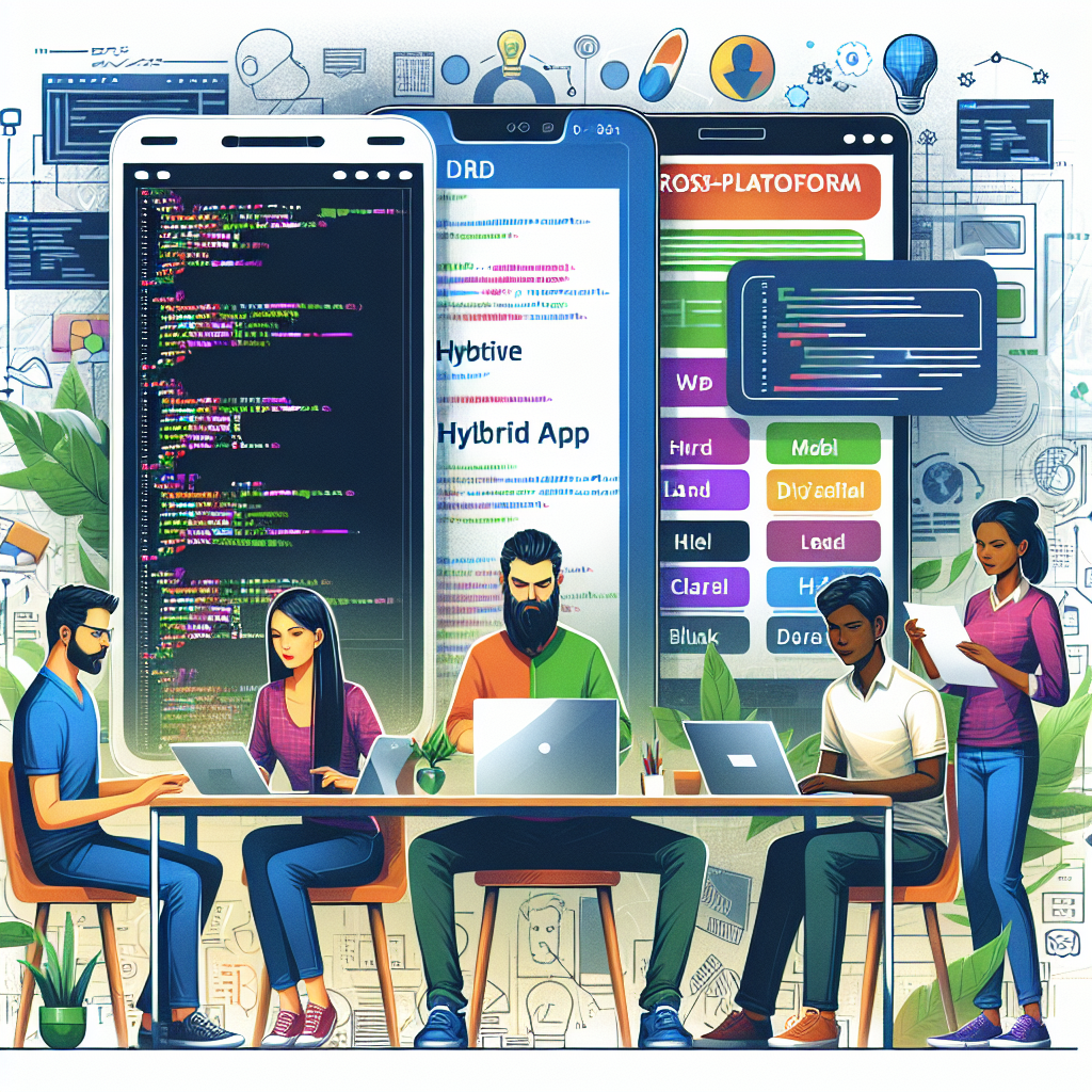 A depiction of mobile app development technologies including native, hybrid, and cross-platform approaches.