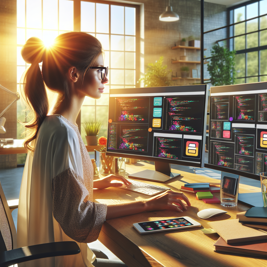 A professional app developer in a modern workspace surrounded by computer screens.